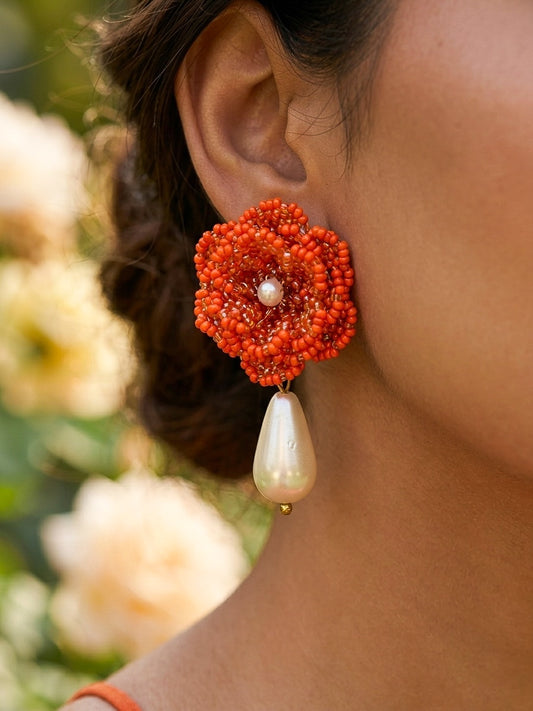 Crochet Orange 3D Rose Pearl Drops Flower Handmade Beaded Earrings