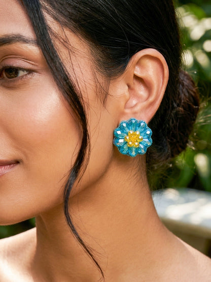 Sparkling Turquoise Blue Flower Handmade Beaded Stud Earrings