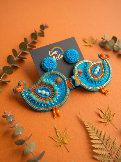 Chirpy Birdie Blue Orange Handmade Beaded Earrings