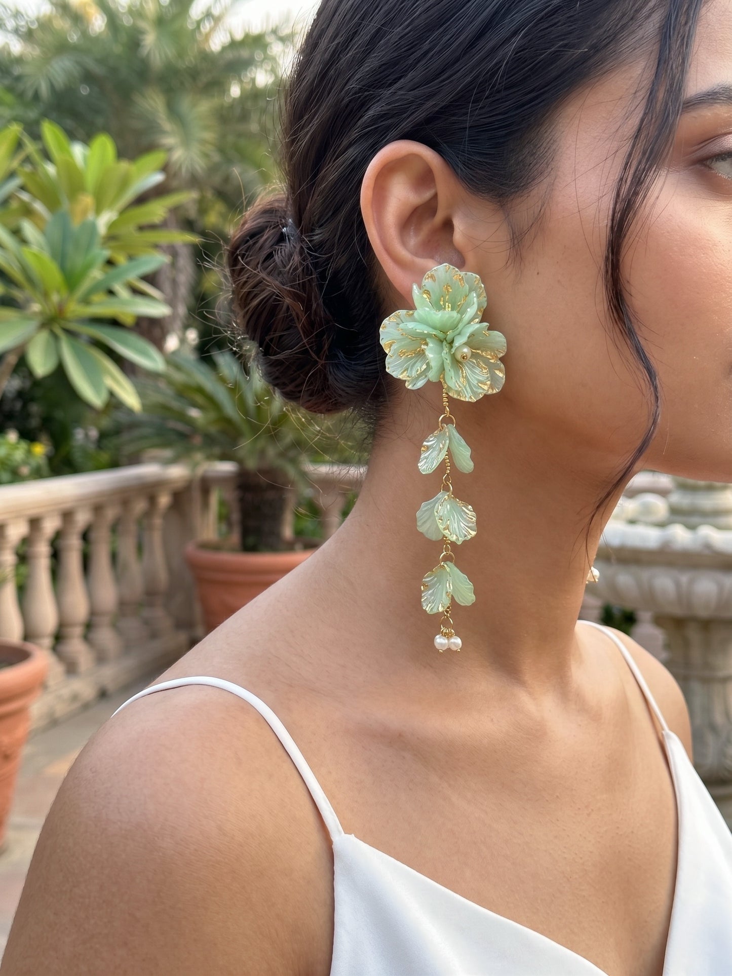 Aurelia Flower Mint Green Statement Handmade Beaded Earrings
