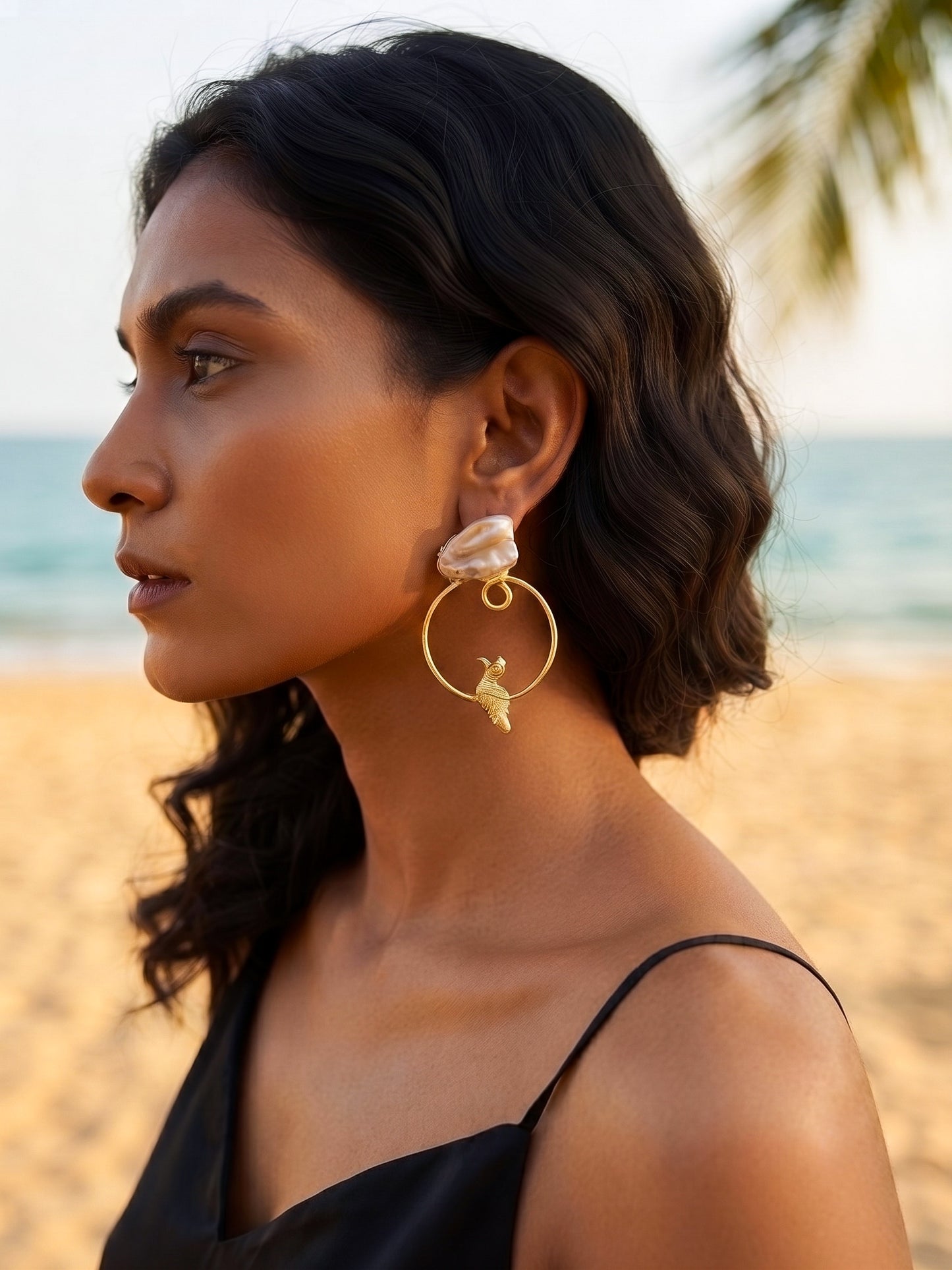 Perched Bird Mother Of Pearl Handmade Brass Earrings