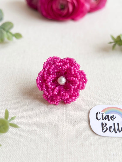 Crochet Pink 3D Rose Flower Handmade Beaded Ring