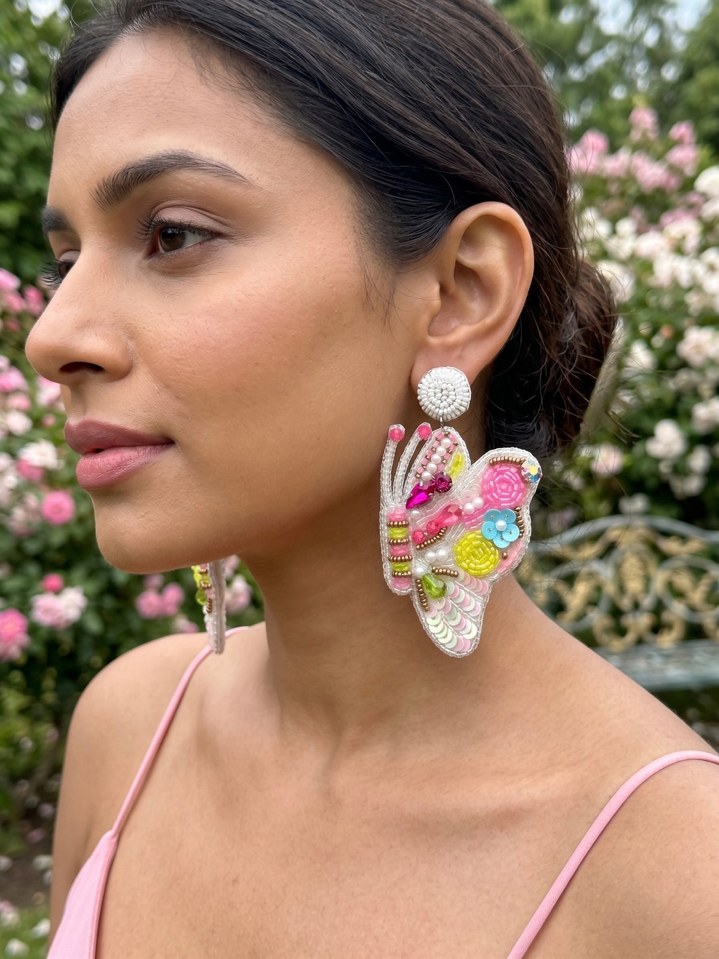 Kaleido Wings White Handmade Beaded Butterfly Earrings