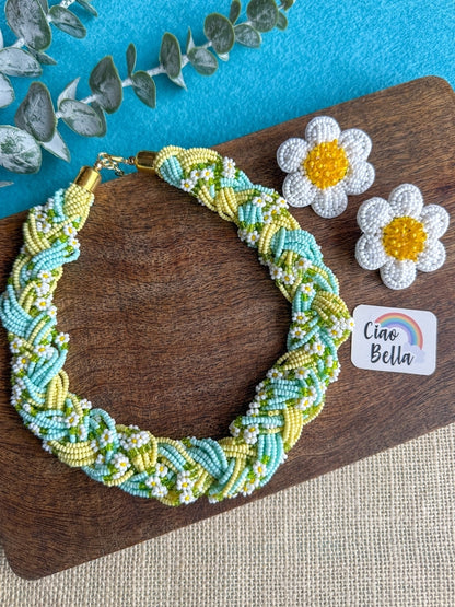 Luxe Flora Light Blue Yellow Handmade Beaded Necklace + Earrings Set