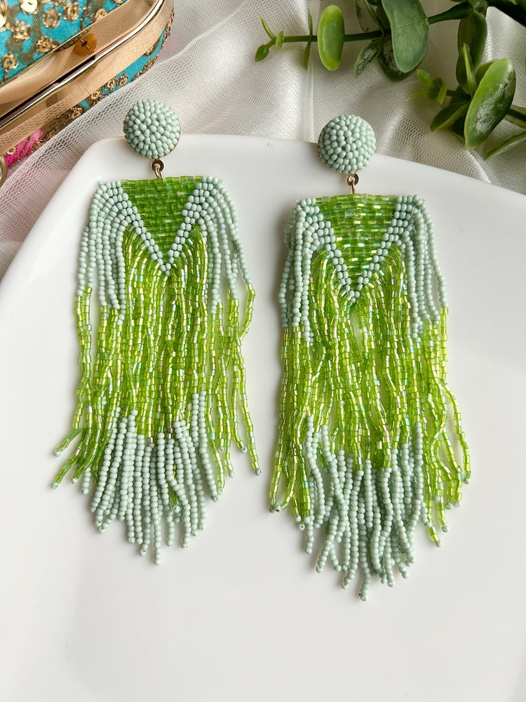 Luxe Minty Green Handmade Beaded Tassel Earrings