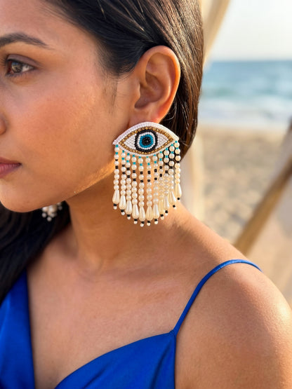 Mystic Evil Eye White Tassel Handmade Beaded Earrings
