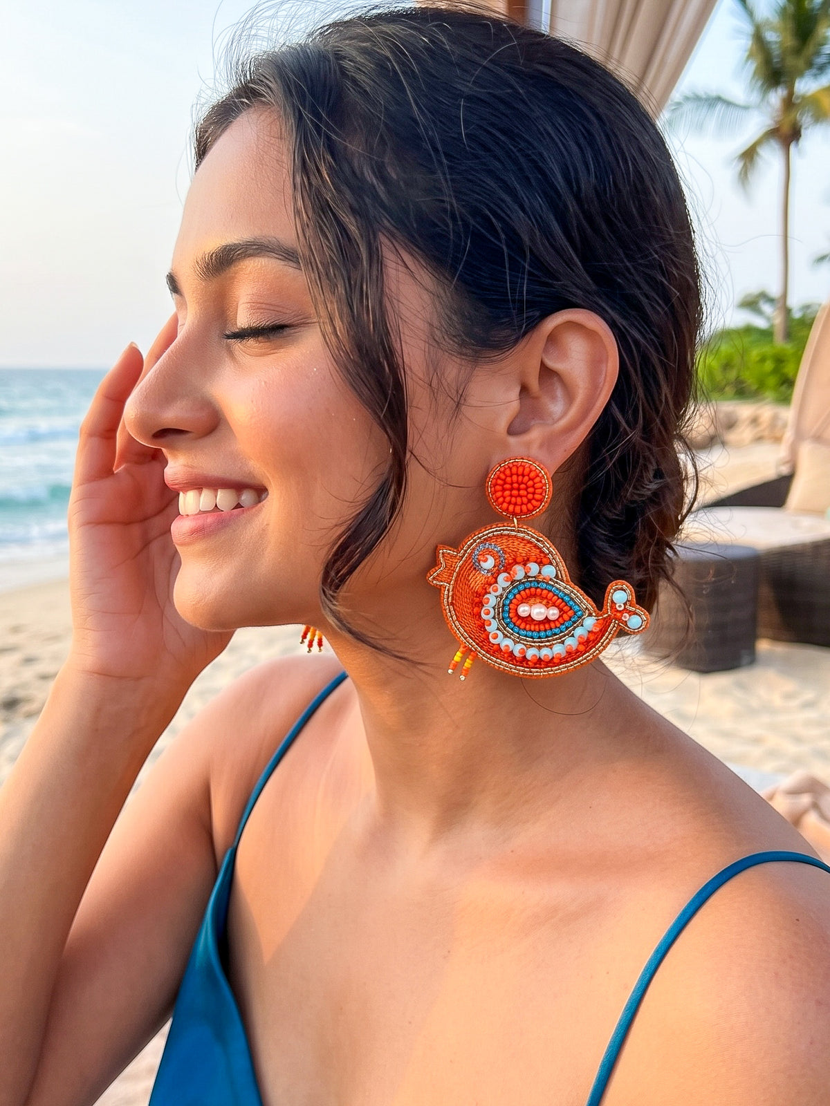 Chirpy Birdie Orange Handmade Beaded Earrings