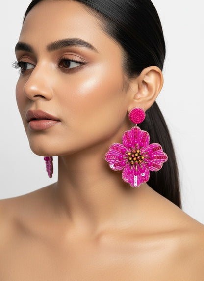 Rosey Glow Flower Handmade Beaded Earrings
