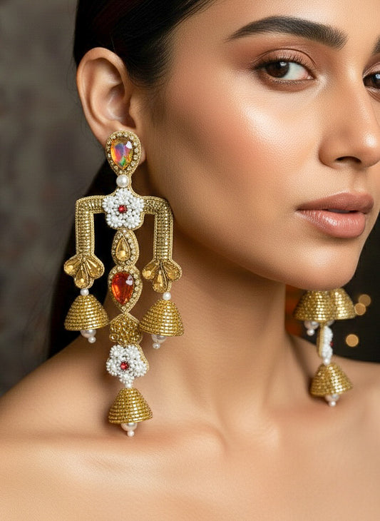 Rajwada Green Red Danglers Handmade Beaded Statement Earrings