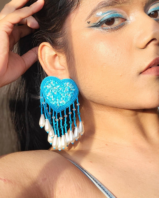 Aqua Blue Heart Drop Handmade Beaded Tassel Earrings