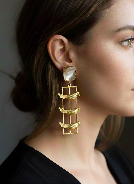 Vanya Bird Pearl Handmade Brass Earrings