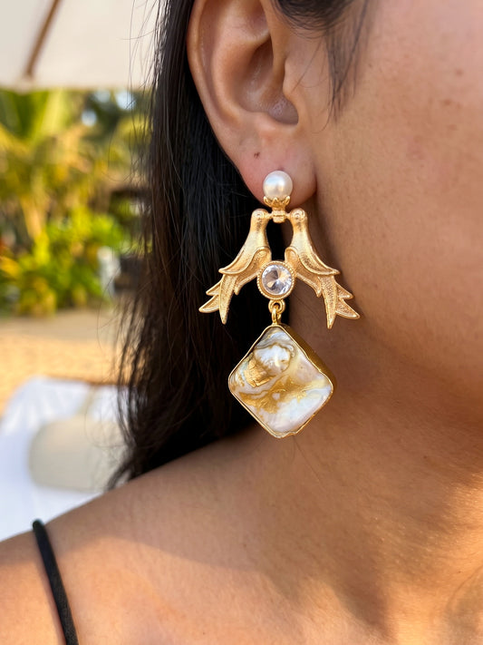 Love Birds Mother Of Pearl Handmade Brass Earrings