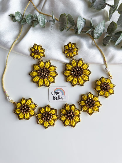 Sunflower Handmade Beaded Necklace + Earrings Set