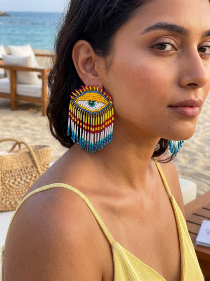 Golden Gaze Yellow Pink Evil Eye Handmade Beaded Tassel Earrings