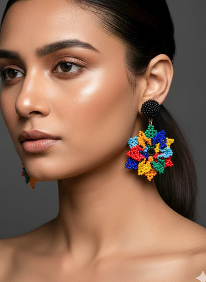 Blossoming Rainbow Flower Handmade Beaded Earrings
