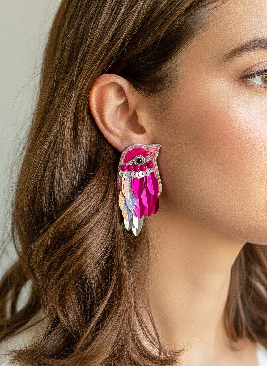 Chirpy Blush Pink Parrot Handmade Beaded Bird Earrings