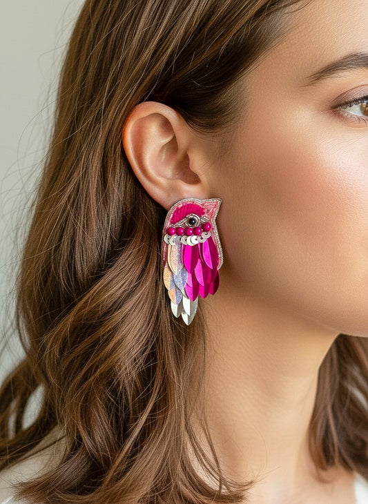 Chirpy Blush Pink Parrot Handmade Beaded Bird Earrings