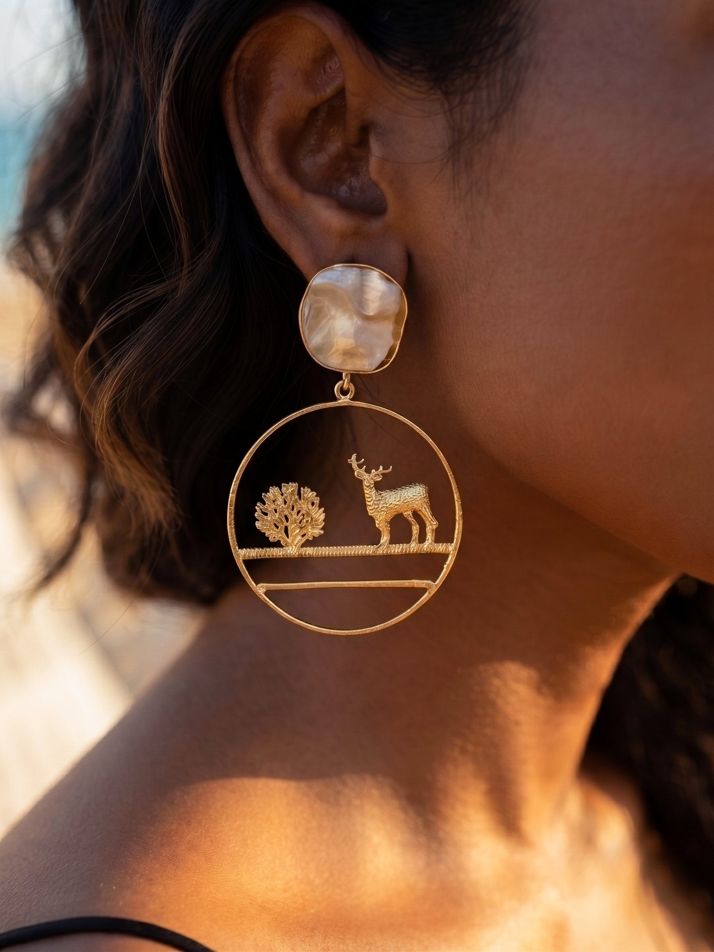 Sacred Deer Mother Of Pearl Handmade Brass Earrings