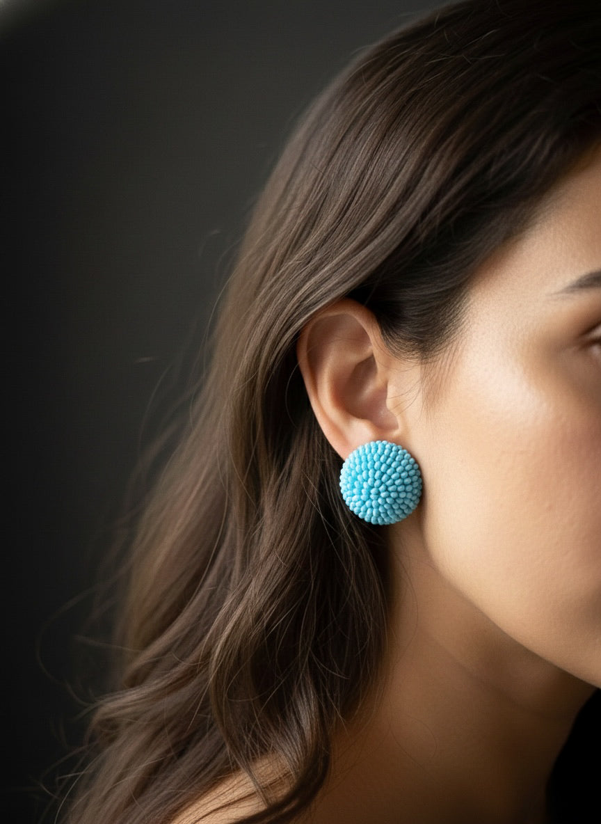 Aqua Blue Round Handmade Beaded Stud Earrings