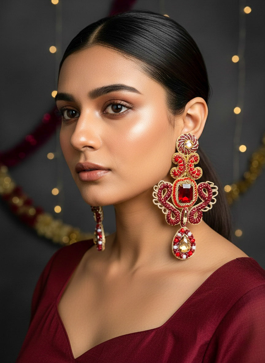 Aashna Red Gold Handmade Beaded Statement Earrings
