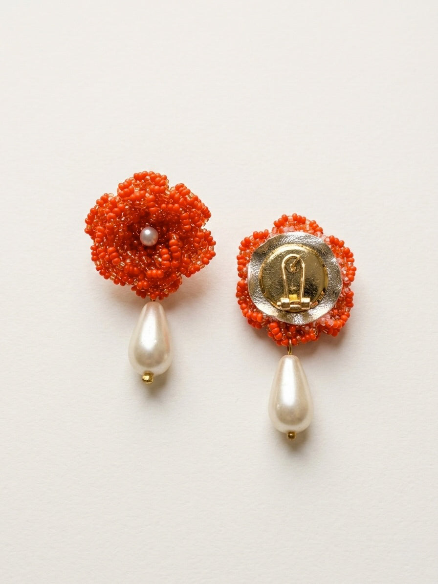 Crochet Orange 3D Rose Pearl Drops Flower Handmade Beaded Earrings
