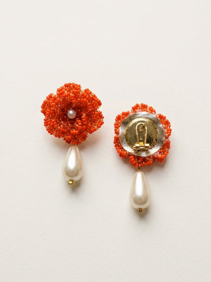 Crochet Orange 3D Rose Pearl Drops Flower Handmade Beaded Earrings