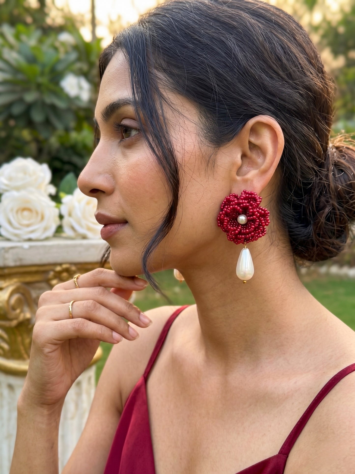 Crochet Deep Red 3D Rose Pearl Drops Flower Handmade Beaded Earrings