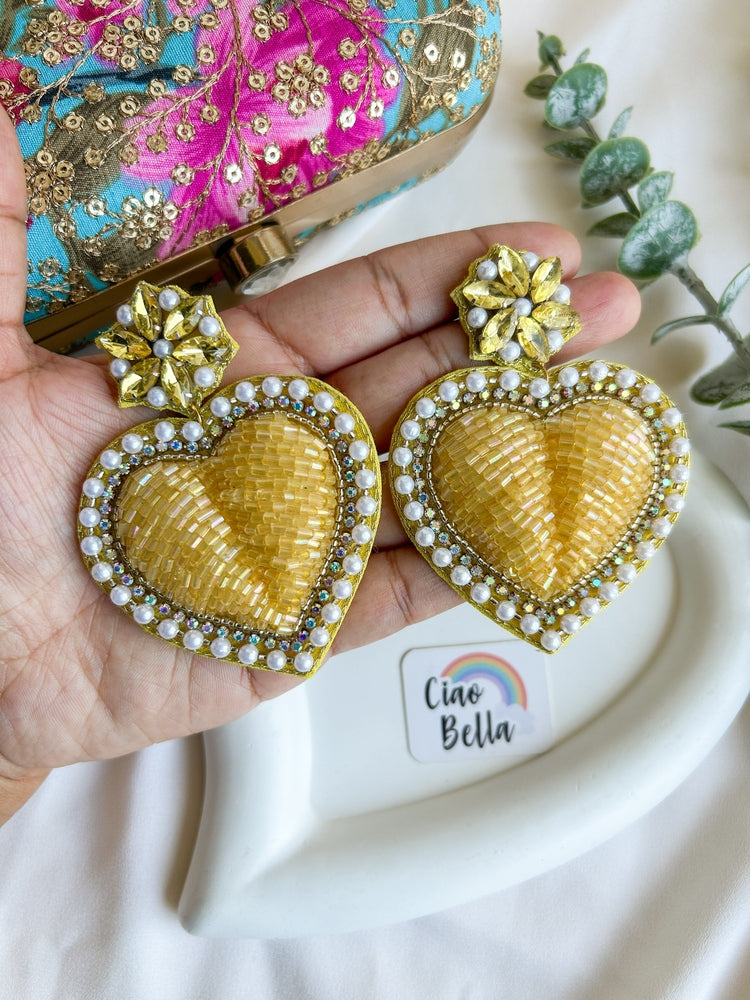 Ishqiya Yellow Heart Drop Handmade Beaded Earrings
