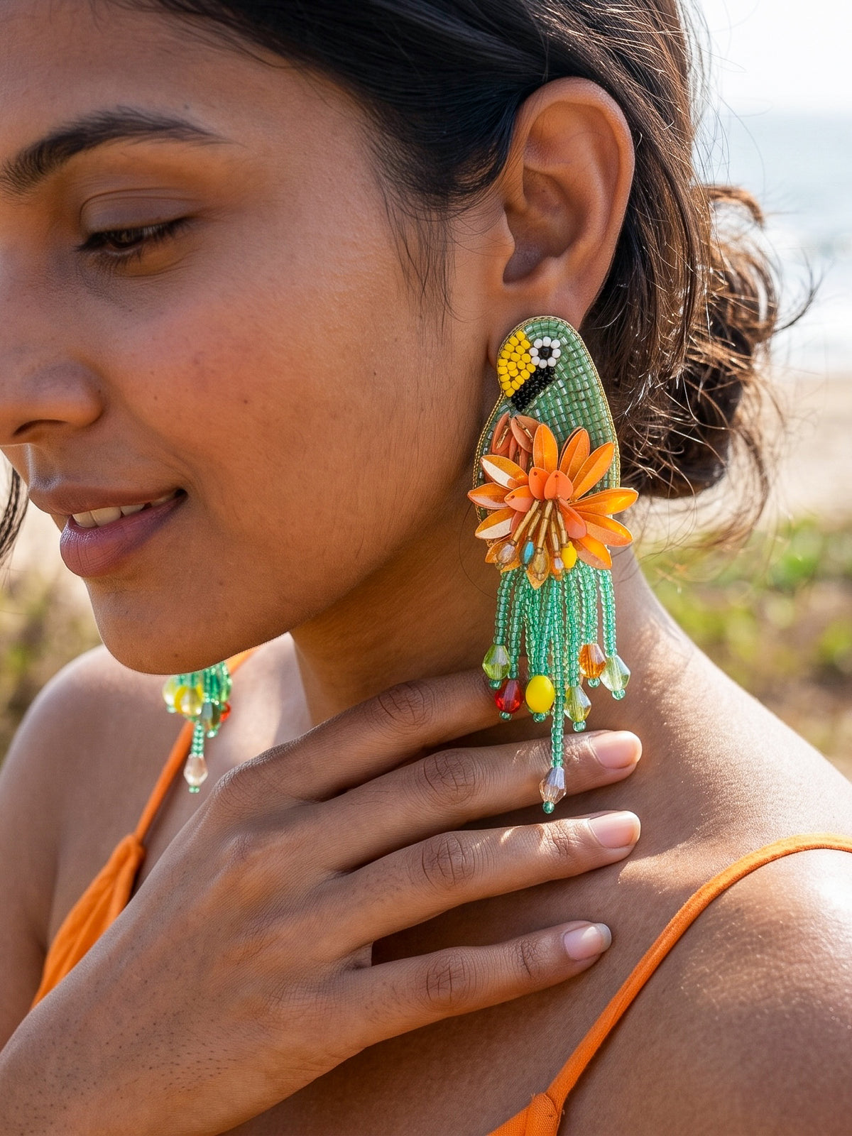 Luxe Paradise Teal Mint Lagoon Orange Parrot Handmade Beaded Bird Earrings