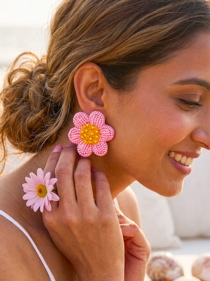 Blush Pink Daisy Stud Handmade Beaded Flower Earrings