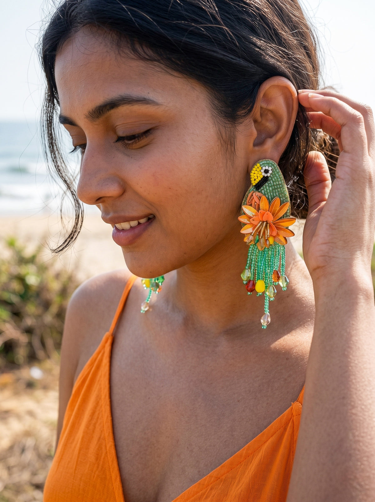 Luxe Paradise Teal Mint Lagoon Orange Parrot Handmade Beaded Bird Earrings