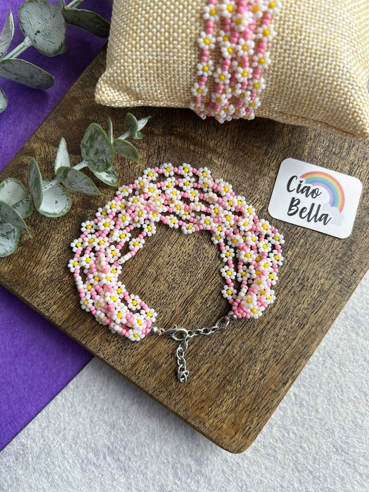 Spring Bloom Blush Pink Daisy Handmade Beaded Bracelet