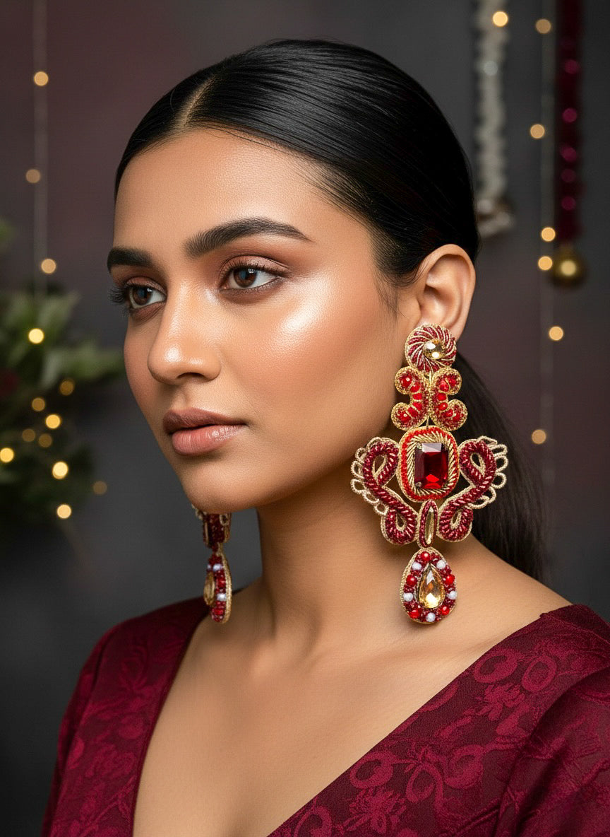 Aashna Red Gold Handmade Beaded Statement Earrings