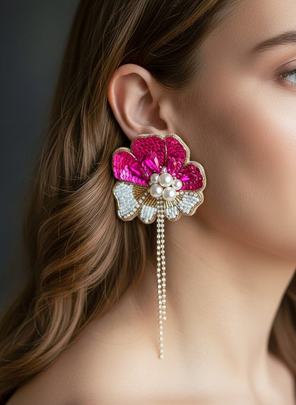 Floral Fiesta Pink Handmade Beaded Flower Earrings