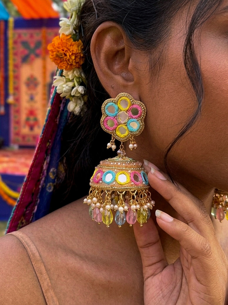 Phuljhadi Yellow Pink Blue Mirror Handmade Beaded Jhumka Earrings
