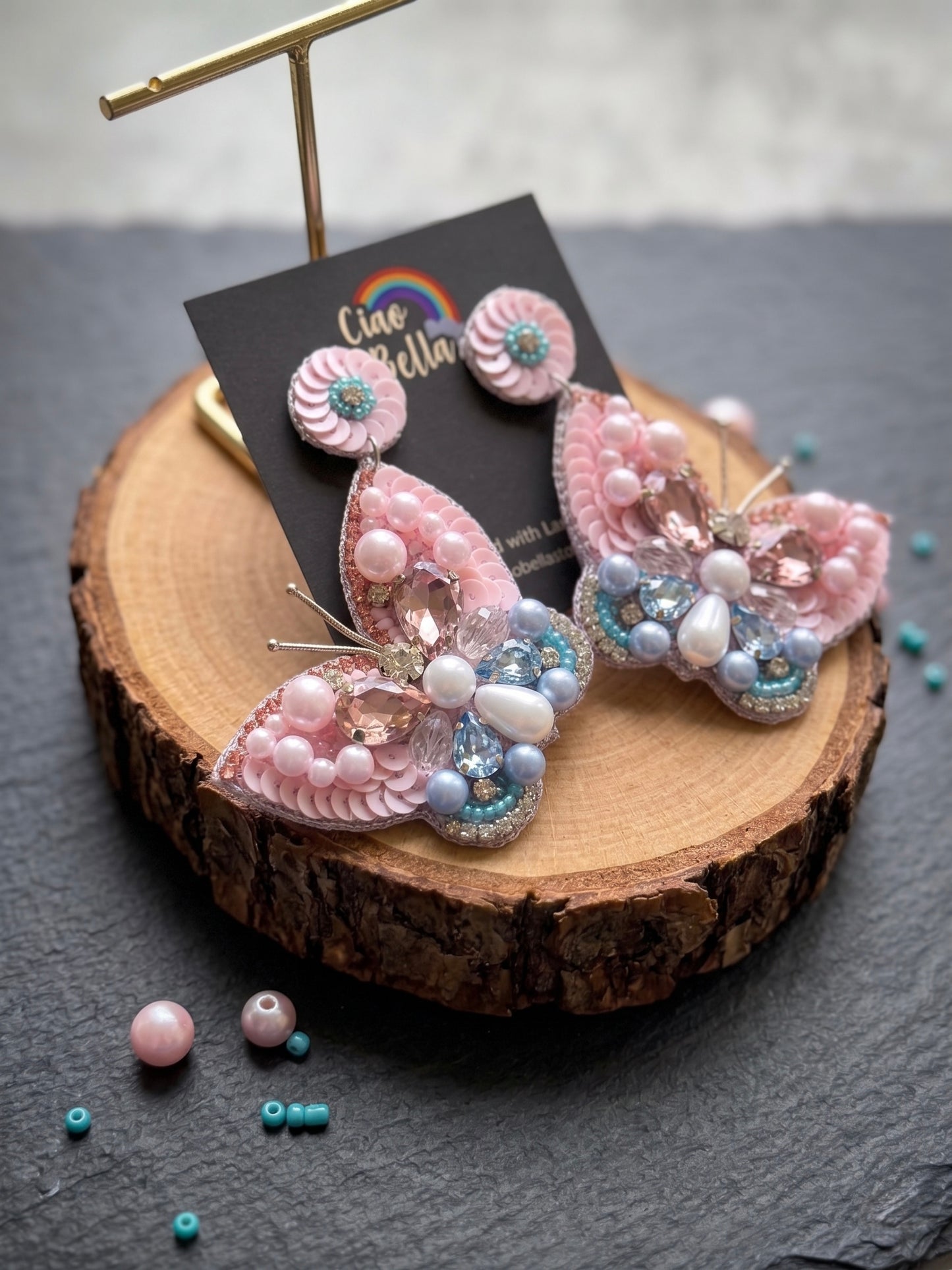 Luxe Crystal Blush Pink & Blue Handmade Beaded Butterfly Earrings
