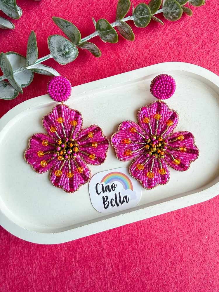 Rosey Glow Pink Flower Handmade Beaded Earrings