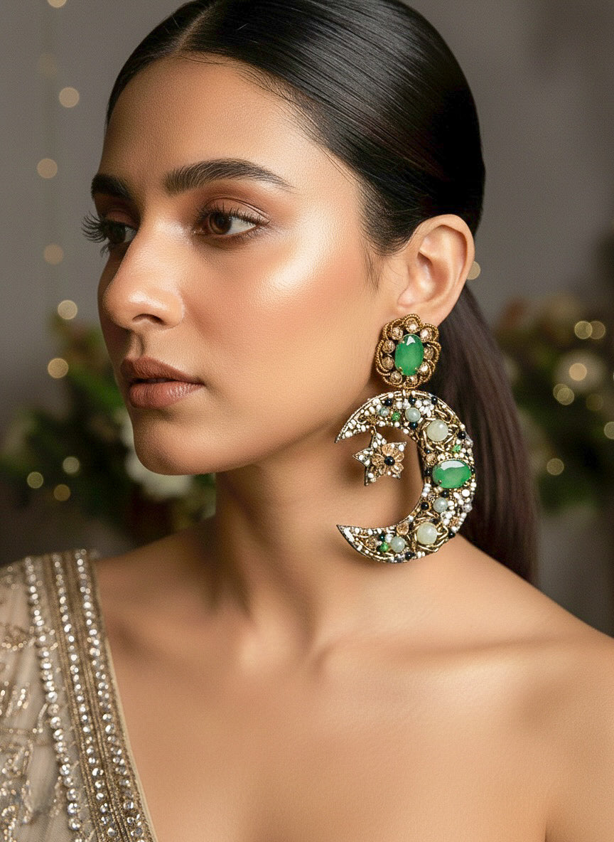 Emerald Crescent Moon & Star Handmade Beaded Statement Earrings
