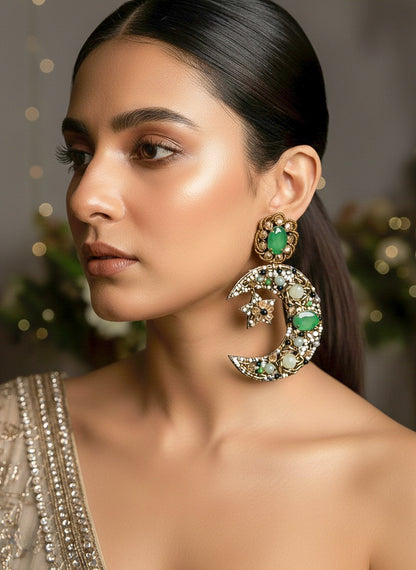 Emerald Crescent Moon & Star Handmade Beaded Statement Earrings