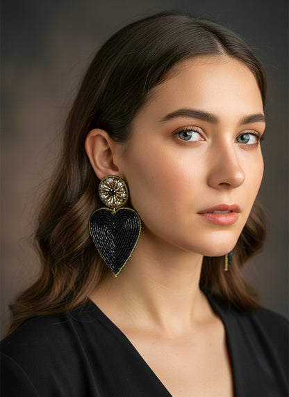 Glam Black Heart Drop Handmade Beaded Earrings