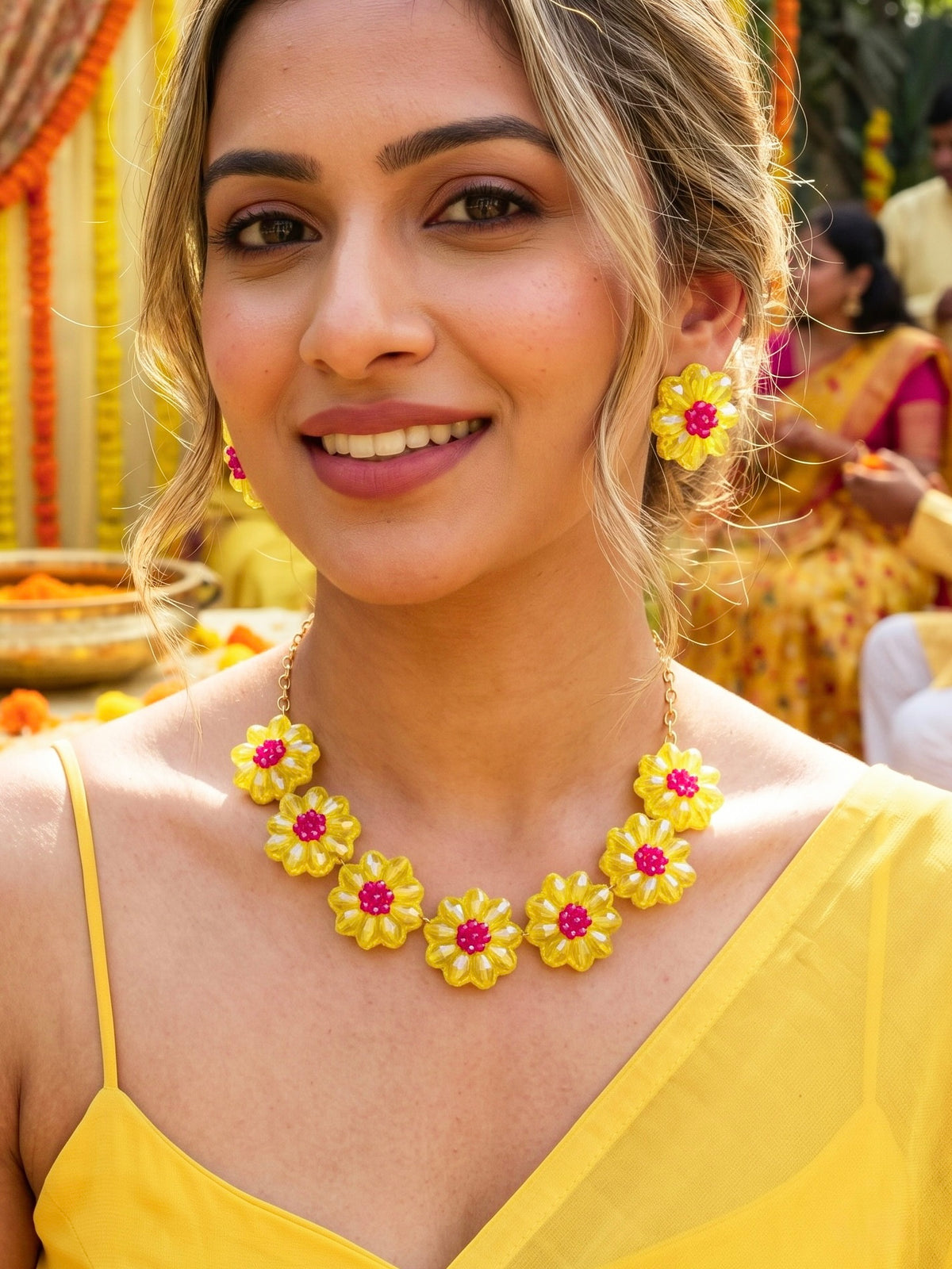 Sparkling Yellow Pink Daisy Handmade Beaded Necklace + Earrings Set