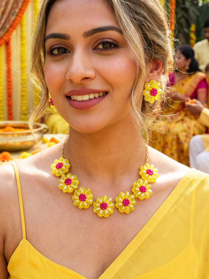 Sparkling Yellow Pink Daisy Handmade Beaded Necklace + Earrings Set