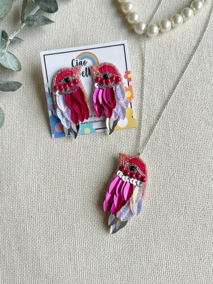 Chirpy Blush Pink Parrot Handmade Beaded Necklace + Earrings Set