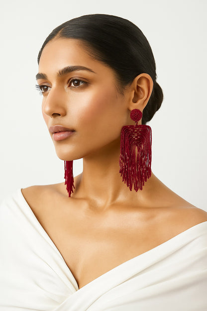 Luxe Deep Red Handmade Beaded Tassel Earrings