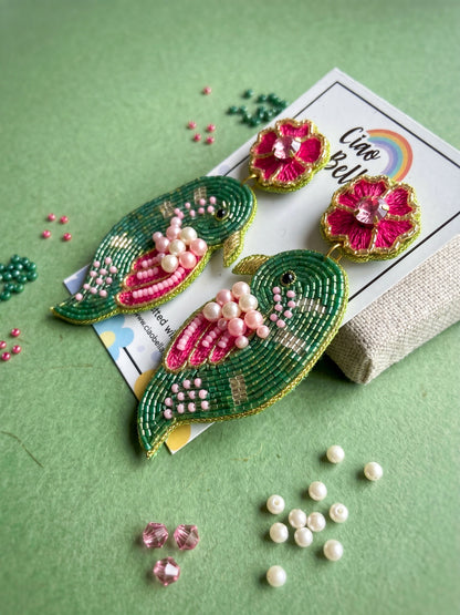 Blooming Birdie Green Pink Handmade Beaded Earrings
