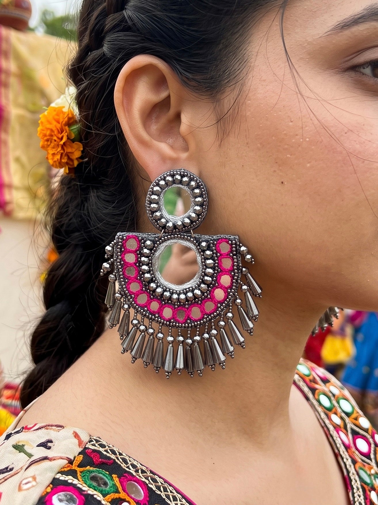 Chandrika Mirror Pink Handmade Beaded Earrings