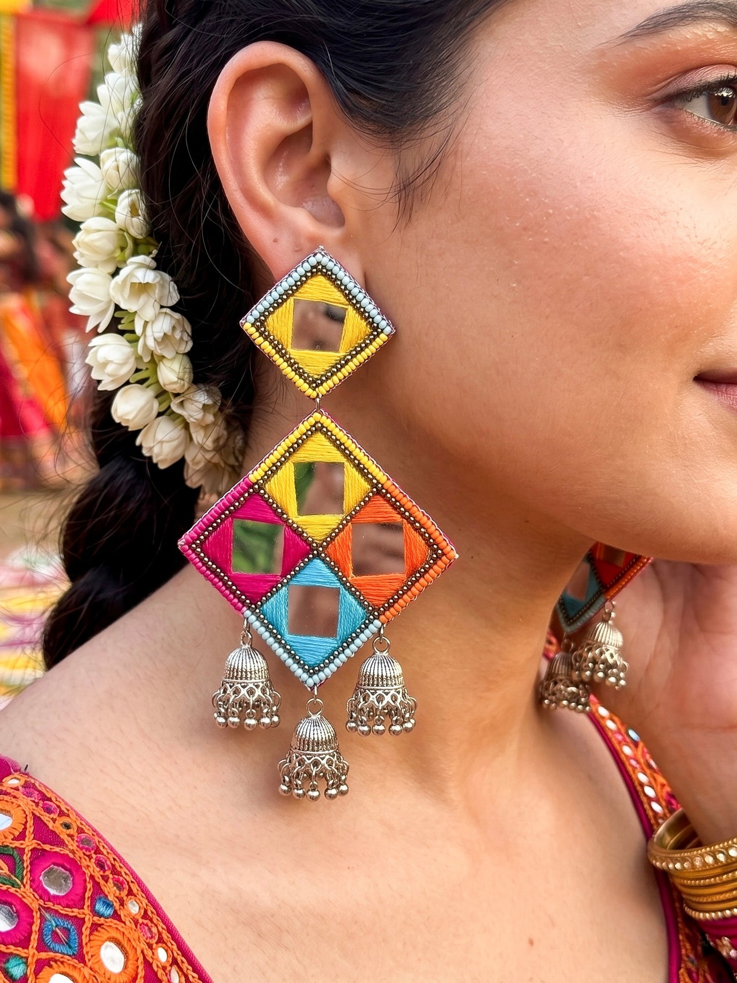 Rangrez Mirror Handmade Beaded Jhumka Earrings
