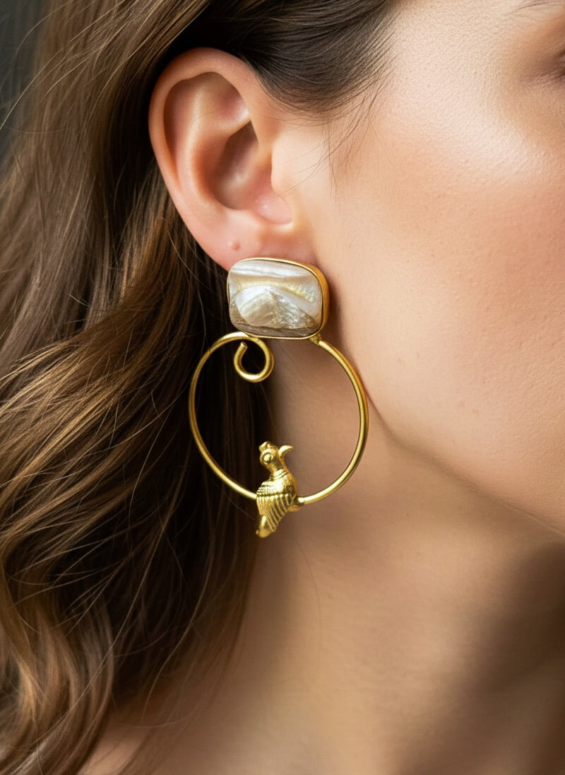 Perched Bird Handmade Brass Earrings
