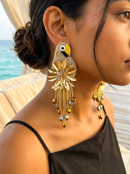 Luxe Paradise Golden Parrot Earrings Handmade Beaded Bird Earrings