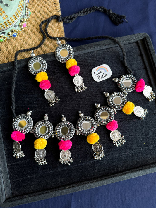 Rangoli Mirror Handmade Beaded Necklace & Earrings Set